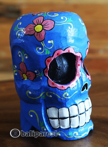 Skull Head With Painted, Handmade From Albesia Wood