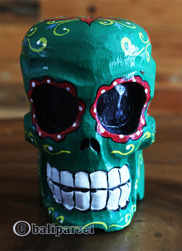 Skull Head With Painted, Handmade From Albesia Wood