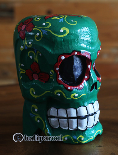 Skull Head With Painted, Handmade From Albesia Wood
