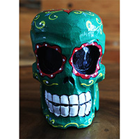 Skull Head With Painted, Handmade From Albesia Wood