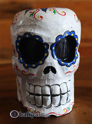 Skull Head With Painted, Handmade From Albesia Wood