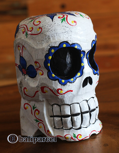 Skull Head With Painted, Handmade From Albesia Wood