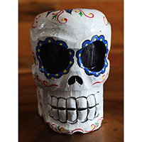 Skull Head With Painted, Handmade From Albesia Wood