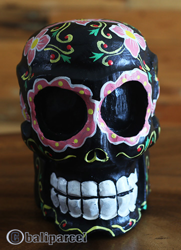 Skull Head With Painted, Handmade From Albesia Wood