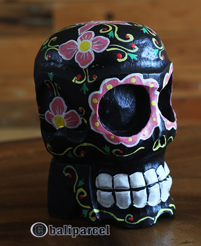 Skull Head With Painted, Handmade From Albesia Wood