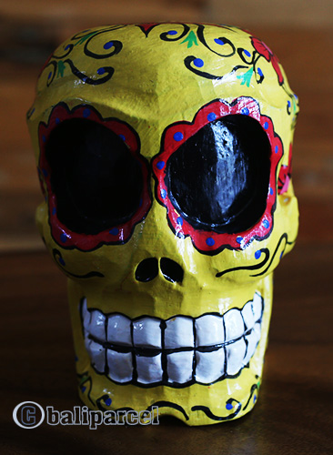 Skull Head With Painted, Handmade From Albesia Wood