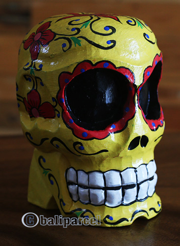 Skull Head With Painted, Handmade From Albesia Wood
