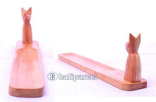 Wooden Incense Holder With Cat, Made From Suar Wood