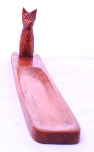 Wooden Incense Holder With Cat, Made From Suar Wood