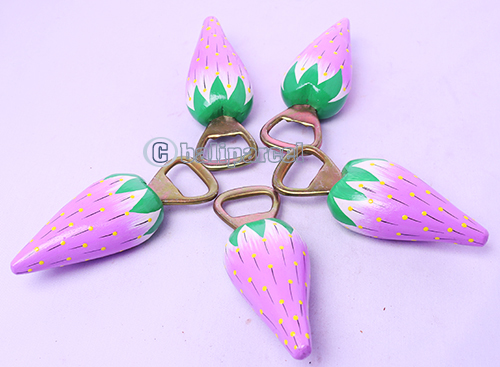 Bottle Opener Stawberry Shape With Painted Set Of 5, Handmade From Albesia Wood