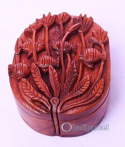 Wooden Box With Fish, Hand Made From Suar Wood