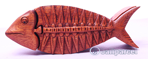 Wooden Box With Fish, Hand Made From Suar Wood