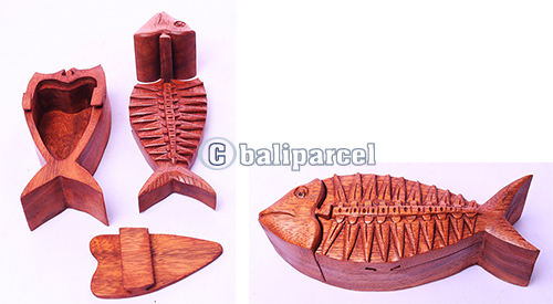 Wooden Box With Fish, Hand Made From Suar Wood