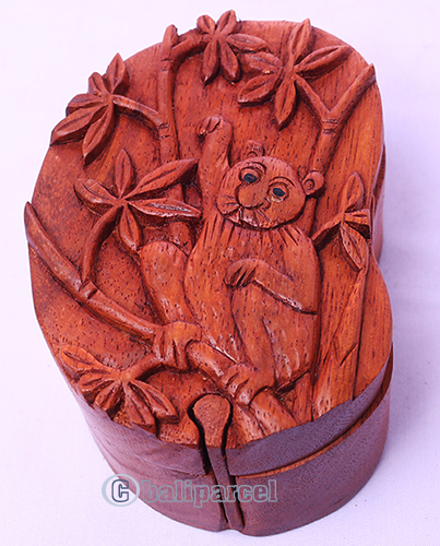 Wooden Box With Bear, Hand Made From Suar Wood