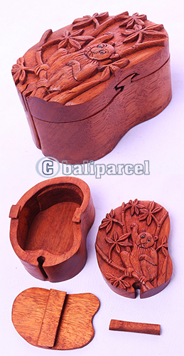 Wooden Box With Bear, Hand Made From Suar Wood