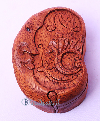 Wooden Box With Moon, Hand Made From Suar Wood