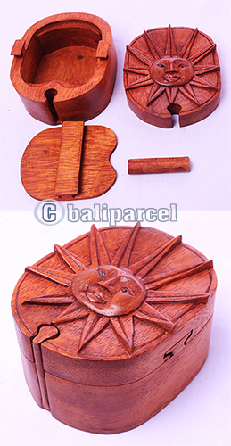 Wooden Box With Sun, Hand Made From Suar Wood