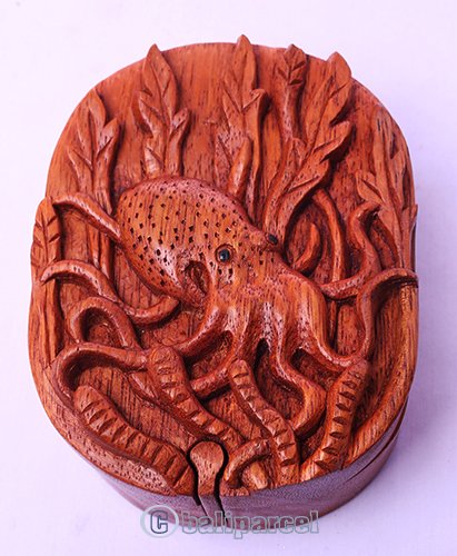 Wooden Box With Octopus, Hand Made From Suar Wood