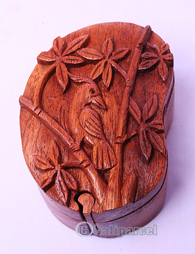 Wooden Box With Bird, Hand Made From Suar Wood