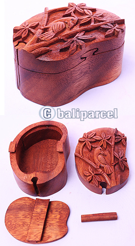 Wooden Box With Bird, Hand Made From Suar Wood