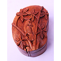 Wooden Box With Bird, Hand Made From Suar Wood