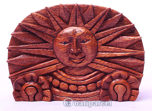 Wooden Box With Sun, Hand Made From Suar Wood