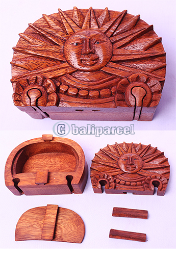 Wooden Box With Sun, Hand Made From Suar Wood
