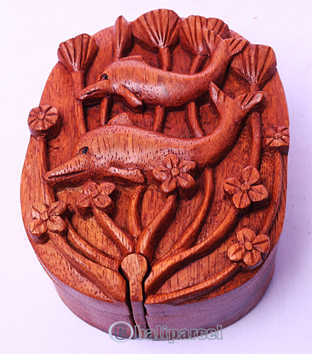 Wooden Box With Dolphins, Hand Made From Suar Wood