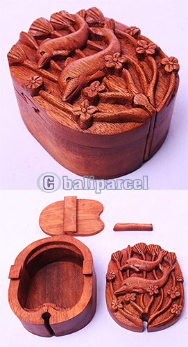 Wooden Box With Dolphins, Hand Made From Suar Wood