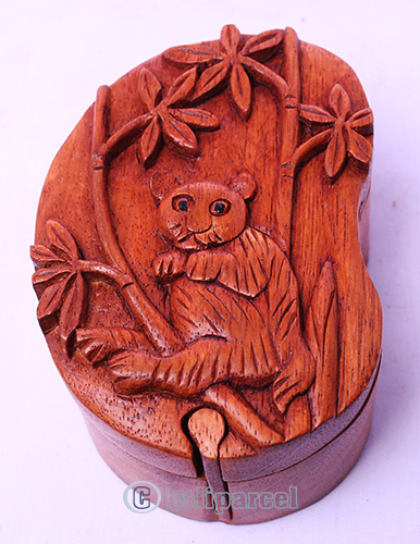 Wooden Box With Bear, Hand Made From Suar Wood