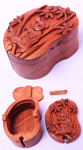 Wooden Box With Bear, Hand Made From Suar Wood