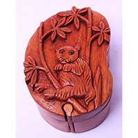 Wooden Box With Bear, Hand Made From Suar Wood