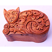 Wooden Box With Cat, Hand Made From Suar Wood