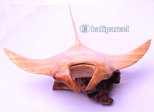 Wooden Manta Ray With Parasite, Handmade From Suar Wood
