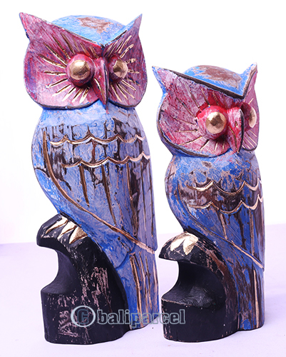Wooden Owl Set Of 2, Handmade From Albesia Wood