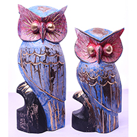 Wooden Owl Set Of 2, Handmade From Albesia Wood