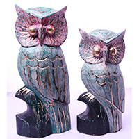Wooden Owl Set Of 2, Handmade From Albesia Wood
