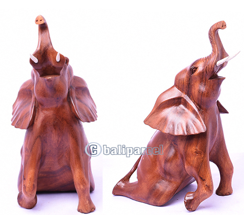 Wooden Sitting Elephant, Hand Carved From Suar Wood