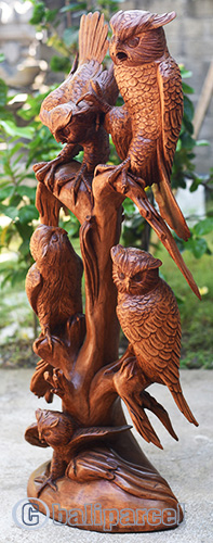 Wooden Owl Group, Handmade From Suar Wood