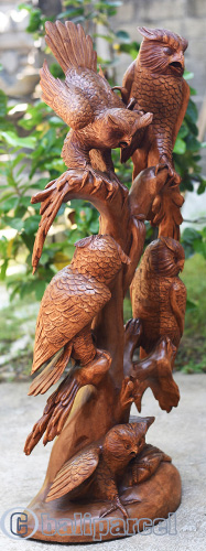 Wooden Owl Group, Handmade From Suar Wood