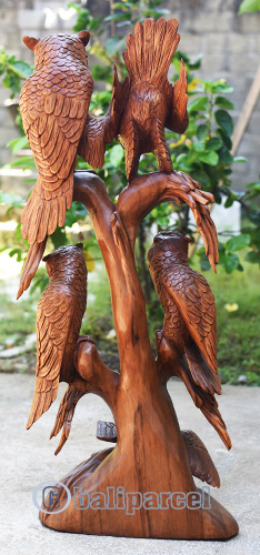 Wooden Owl Group, Handmade From Suar Wood
