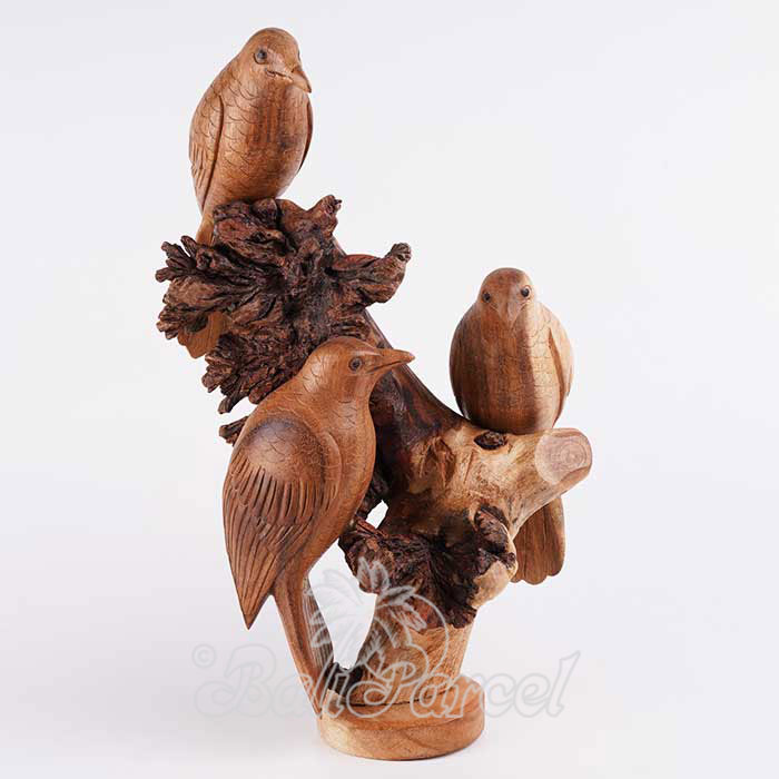 Wooden 3 Bird With Parasite Wood, Hand Made From Suar Wood