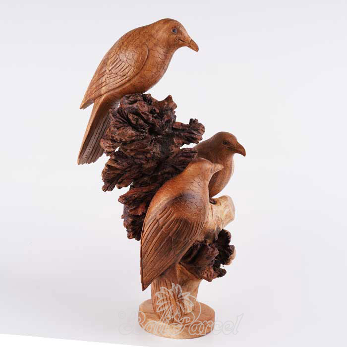 Wooden 3 Bird With Parasite Wood, Hand Made From Suar Wood
