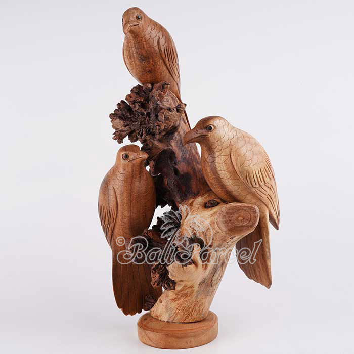 Wooden 3 Bird With Parasite Wood, Hand Made From Suar Wood