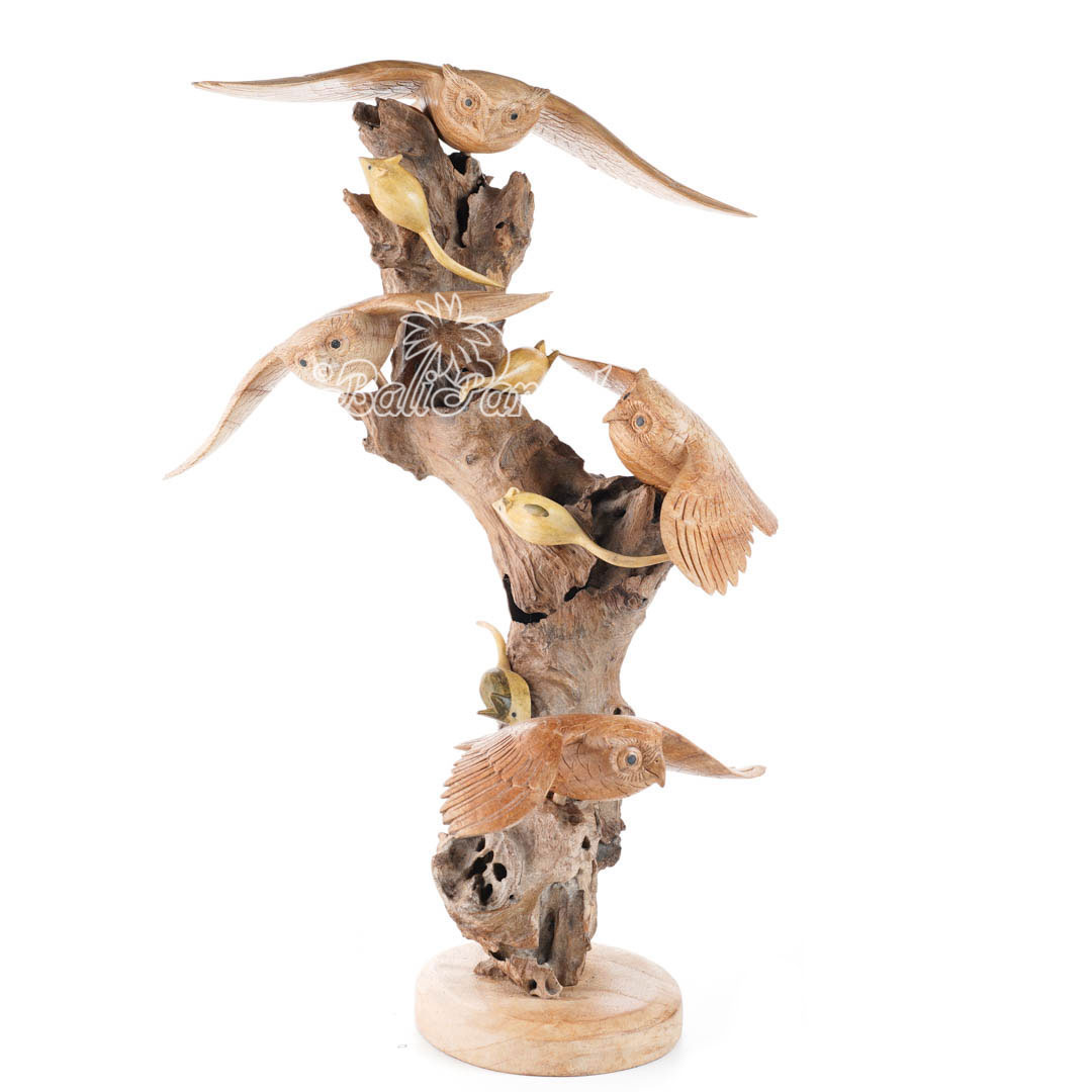 Wooden 4 Owl With Mouse Parasite, Handmade From Hibiscus Wood