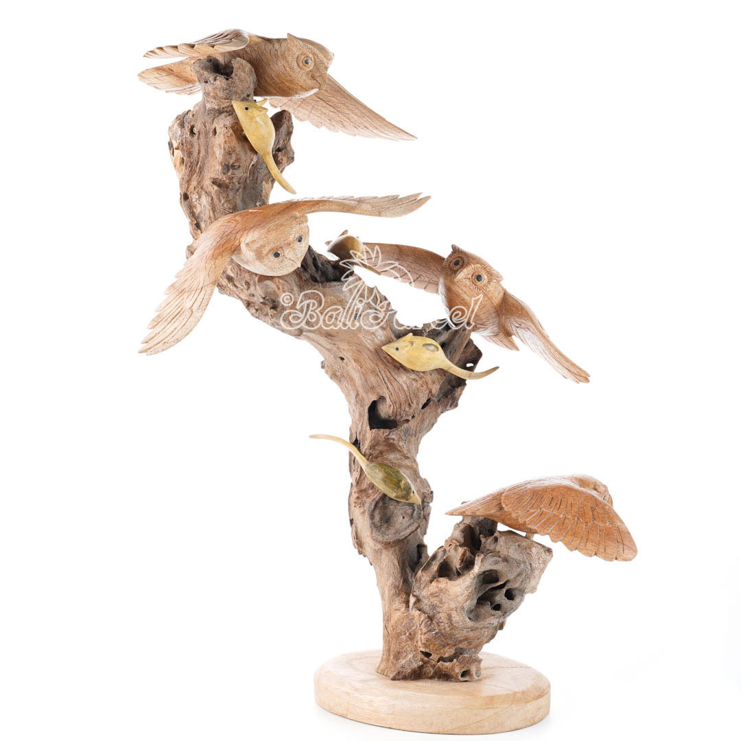 Wooden 4 Owl With Mouse Parasite, Handmade From Hibiscus Wood