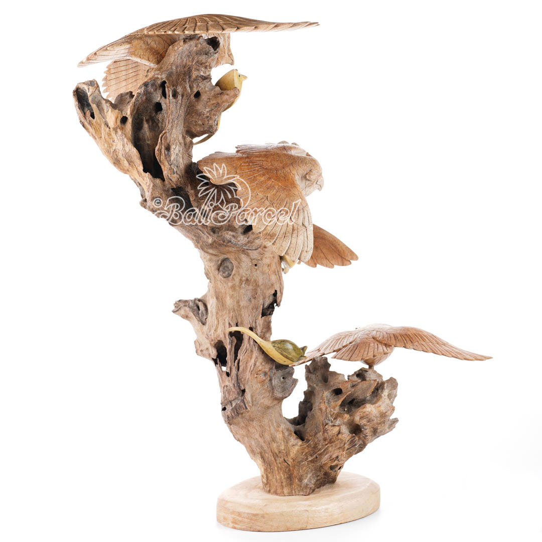 Wooden 4 Owl With Mouse Parasite, Handmade From Hibiscus Wood