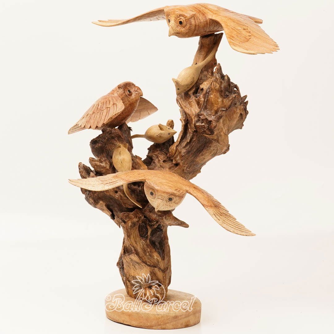 Wooden 3 Owl With Mouse Parasite, Handmade From Hibiscus Wood