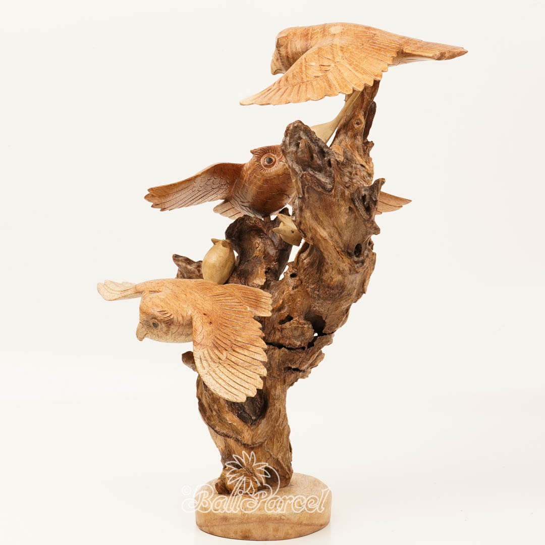 Wooden 3 Owl With Mouse Parasite, Handmade From Hibiscus Wood
