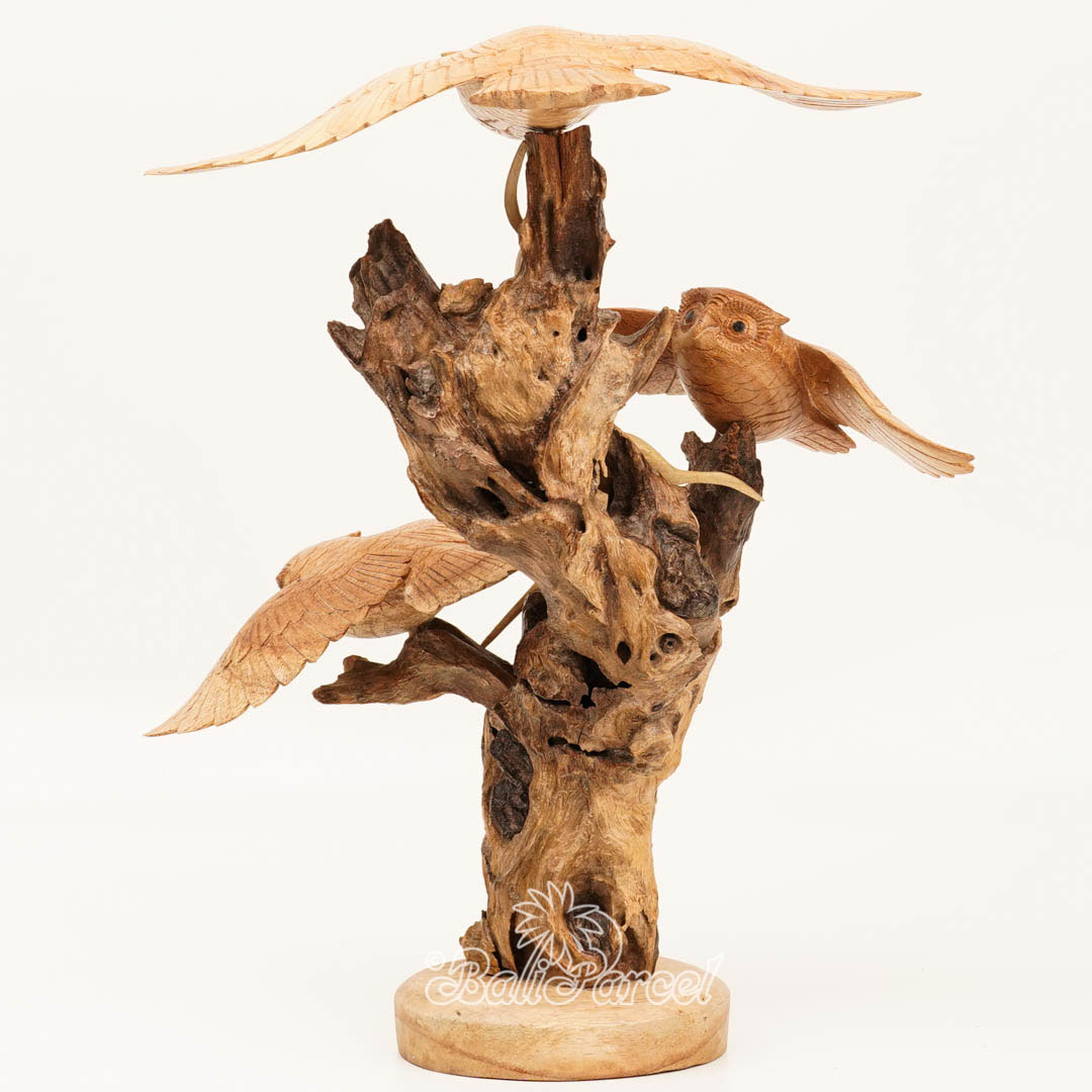 Wooden 3 Owl With Mouse Parasite, Handmade From Hibiscus Wood